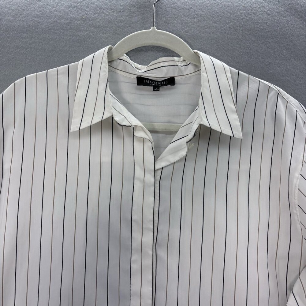 Lafayette 148 Womens SZ Large Button Up 3/4 Sleeve Striped *Read* Professional - Picture 2 of 12
